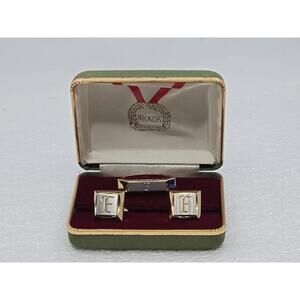 Vintage Hickok Cufflinks And Tie Clip Set With A "F" Monogram Gold & Silver Tone